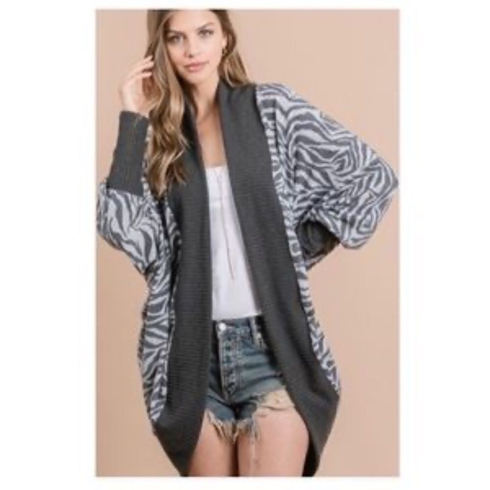 Brushed Zebra Dolman Sleeve Open Front Cardigan Small